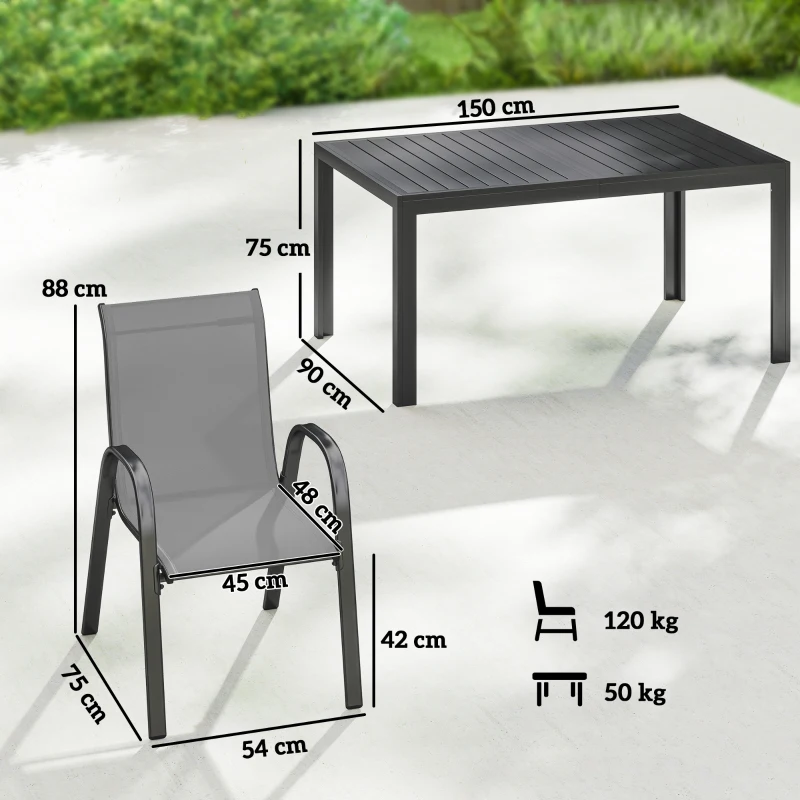 Outsunny Table de jardin extérieure avec 6 chaises empilables, plateau à lattes 150 cm structure en acier anti-rouille gris clair