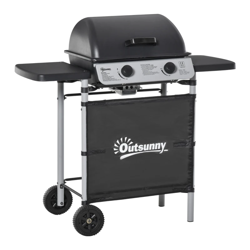 Outsunny 2 Burner Gas BBQ Trolley with Lid, 5.6 kW Gas Barbecue Grill with Wheels, Side Shelves for Home Patio Garden Party Outdoor Cooking, Black