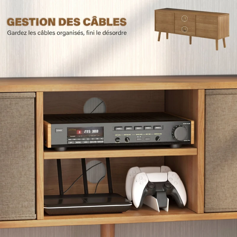 HOMCOM Meuble TV bas sur pieds style contemporain avec 2 tiroirs en tissu dim. 110L x 29l x 46,5H cm - passe-câbles - MDF