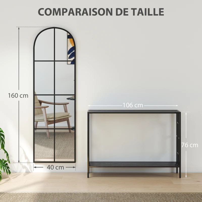 HOMCOM Grand miroir mural ou sur pied 40 x 160 cm de fenêtre arquée avec cadre en métal, film antidéflagrant, noir