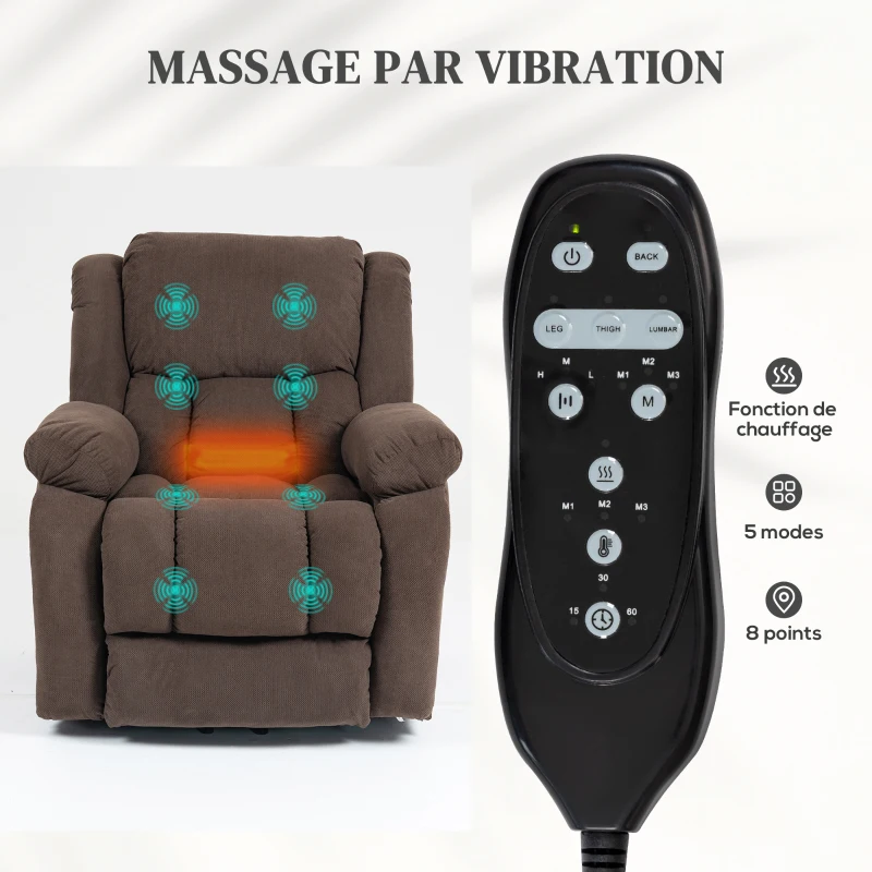 HOMCOM Fauteuil Releveur Électrique, Massage et Chauffage, Repose-Pieds, Dossier Inclinable, Télécommande, 93x104x100cm, Marron