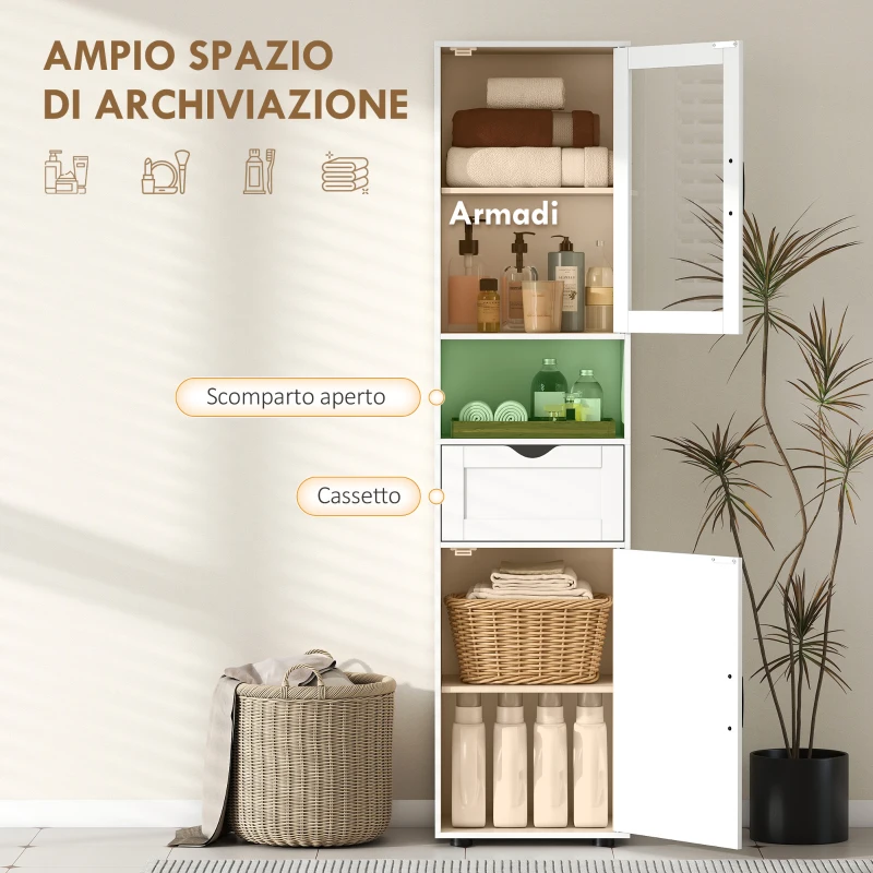HOMCOM Colonna Bagno in Legno con 2 Armadietti, Cassetto e Ripiano Aperto, 40x30x165 cm, Bianco