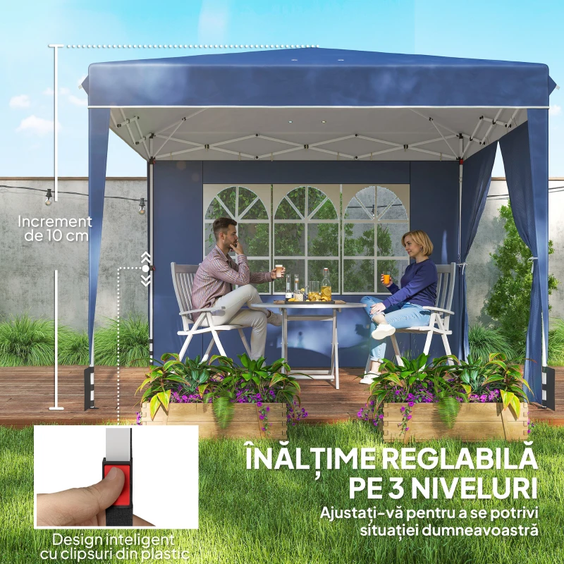 Outsunny Foișor Pliabil 3x3 m cu Pereți și Înălțime Reglabilă, Protecție UV 50+, Albastru Închis