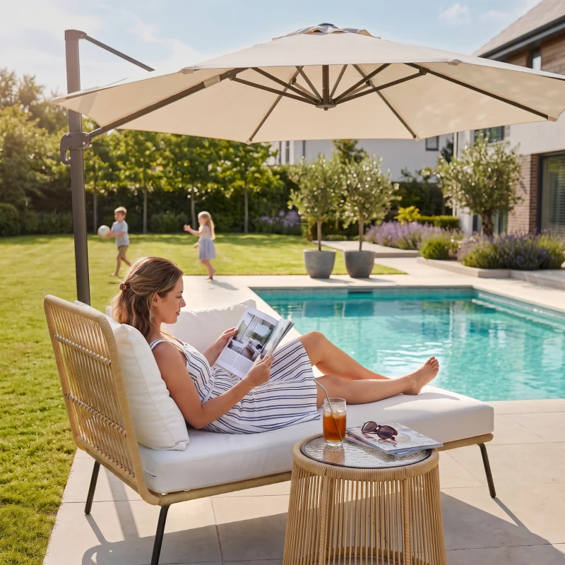 Outsunny Loungeset l-vormige rattan bank set tuin rattan bank tuin zwembad Koffie en Crème