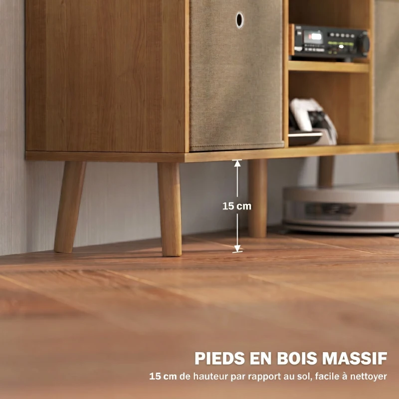 HOMCOM Meuble TV bas sur pieds style contemporain avec 2 tiroirs en tissu dim. 110L x 29l x 46,5H cm - passe-câbles - MDF