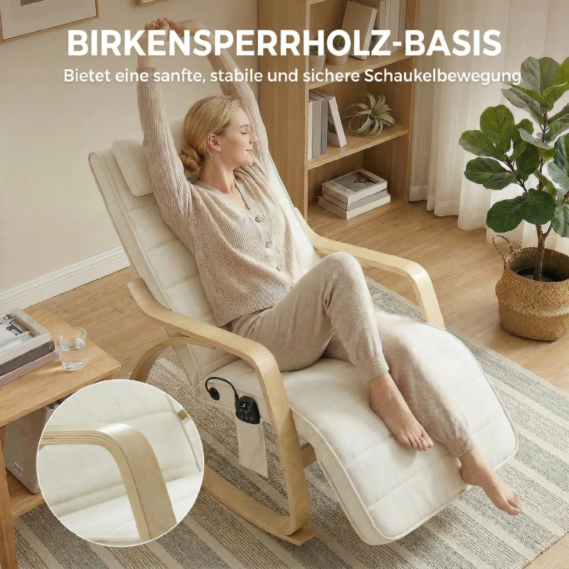 HOMCOM Schaukelstuhl mit Massage, Heizung, Kopfstütze & Fußstütze, Samtbezug, Relaxsessel, Cremeweiß