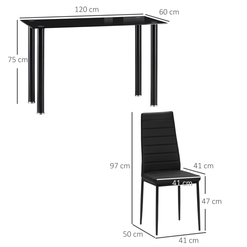 HOMCOM 5-delige Eetkamerset Tafel en 4 Stoelen, Modern Design, Glazen Tafel, Zwart