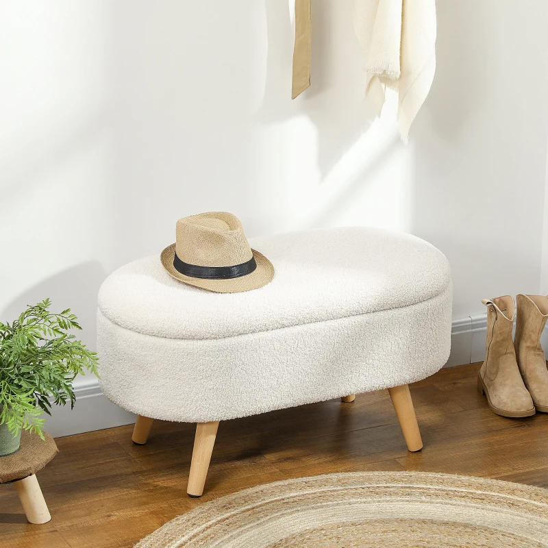 HOMCOM Banc de Rangement, Bout de Lit Rembourré en Peluche Teddy avec Couvercle et Pieds en Bois, 82 x 41 x 45 cm, Blanc(m-2)