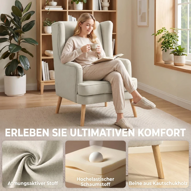 HOMCOM Akzentstuhl, Sessel mit Leinen-Optik, hoher Rückenlehne, breitem Sitz, Lendenkissen, Beige