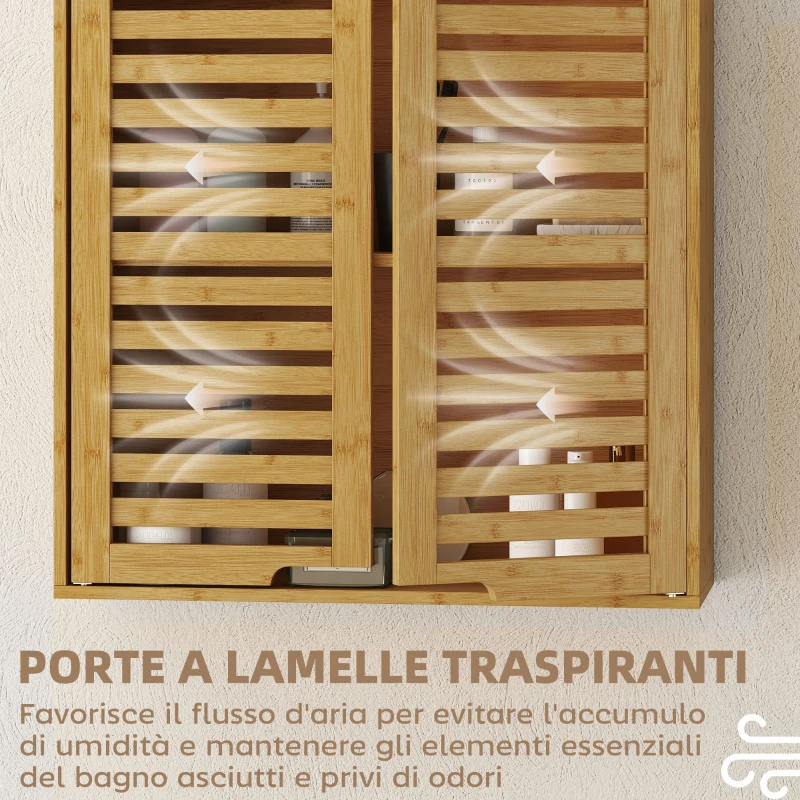 HOMCOM Pensile Bagno con Ripiano Interno Regolabile e Ante a Persiana, in Bambù, 60x20x60 cm, color Legno