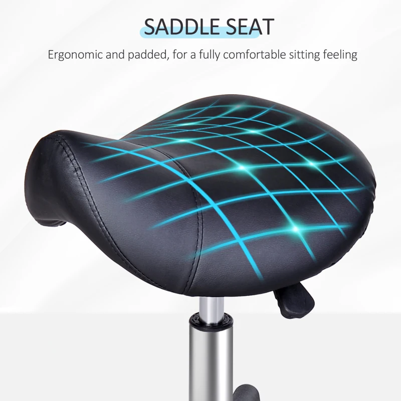 HOMCOM Saddle Stool, PU Leather Adjustable Rolling Salon Chair with Steel Frame for Massage, Spa, Beauty and Tattoo, Black