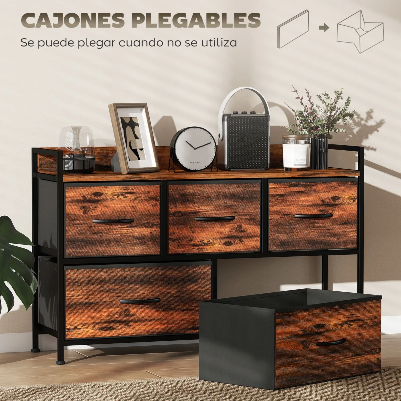 HOMCOM Cajonera de Tela con 5 Cajones y Marco Metálico Estilo Industrial para Salón Recibidor 98x29x63 cm Marrón Rústico