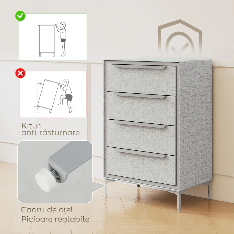 HOMCOM Comodă cu 4 Sertare din Oțel, Acoperită cu Material Textil cu Aspect de In, 60x36x88 cm, Gri