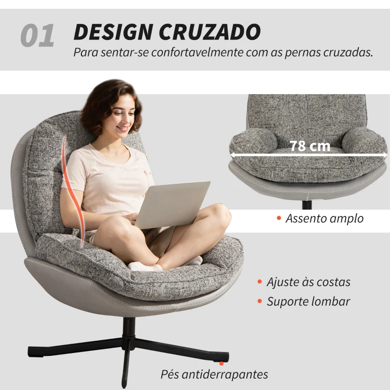 HOMCOM Poltrona Giratória Moderna com Base Cruzada Estofada em Chenille e Couro PU Assento Largo Duplo Pernas de Aço 78x95x99 cm Cinza