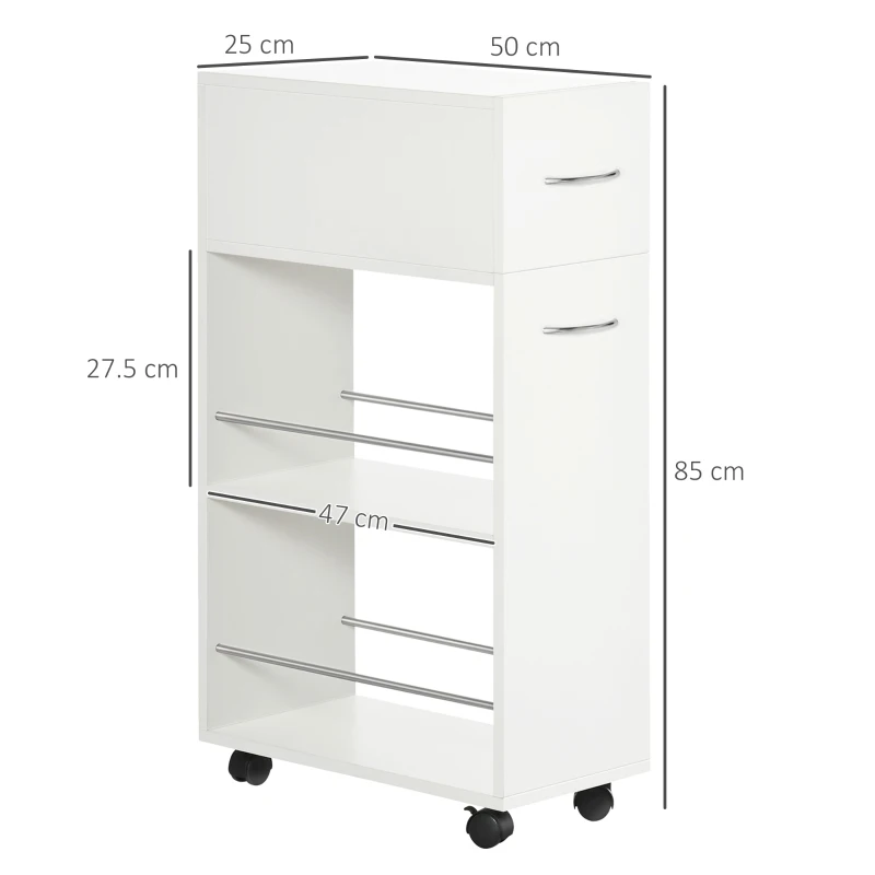 HOMCOM Carrello da Cucina in Truciolato e Acciaio Inox con 2 Ripiani Aperti, Cassetto Estraibile e Parapetti, 25x50x85 cm