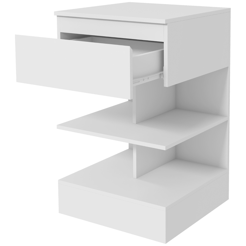 HOMCOM Mesa de Cabeceira Mesa Auxiliar com 1 Gaveta e 2 Prateleiras Abertas para Quarto Sala Estilo Moderno 39x39x65 cm Branco