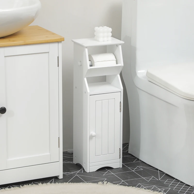 kleankin Mobiletto da Bagno in MDF Bianco con Armadietto e Spazio per Carta Igienica, 19x15x56 cm