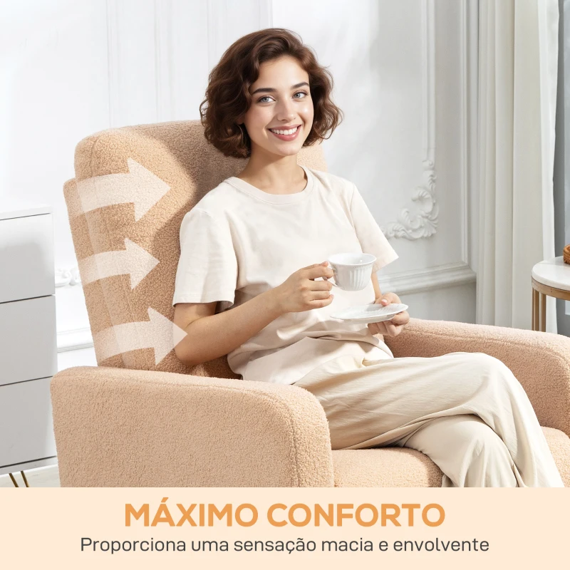 HOMCOM Poltrona Relax Reclinável Manual Poltrona Relax de Borreguito com Função de Baloiço 360° Reclinável até 135º 76x94x100 cm Marrom Claro