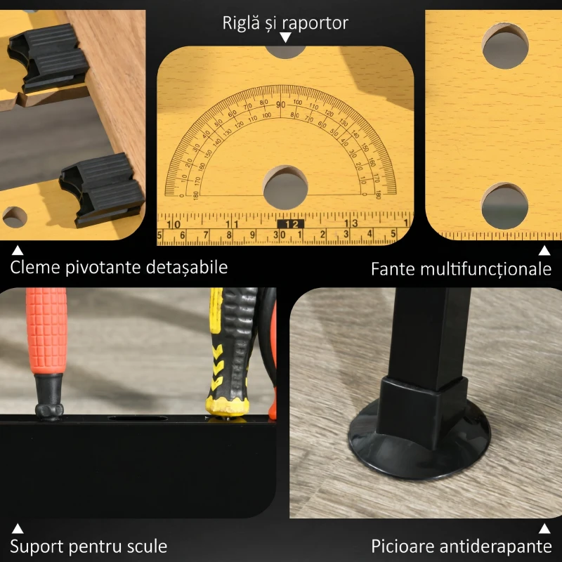 HOMCOM Banc de Lucru Pliabil cu 4 Cleme, Înălțime și Unghi Reglabile, Capacitate 100 Kg, Negru și Aspect Lemn