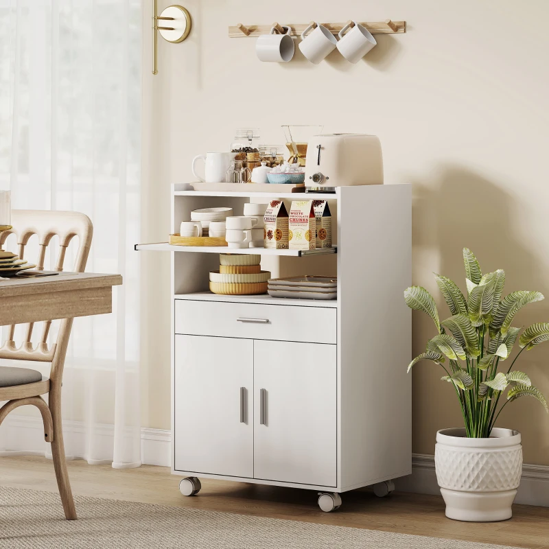 HOMCOM Kitchen Trolley with Wheels, Modern Mobile Microwave Stand with Slide-Out Shelf, Drawer and 2 Doors for Dining Room