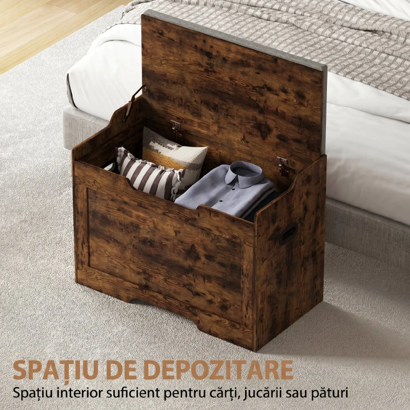 HOMCOM Bancă pentru Depozitare 103L Multifuncțională culoare Lemn cu Pernă din Țesătură Gri, 75x40x56 cm