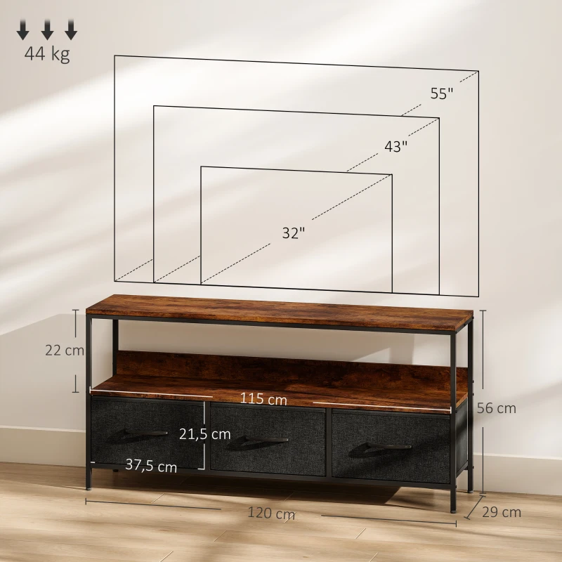 HOMCOM Meuble TV, meuble télé pour téléviseur jusqu'à 55 pouces avec 3 tiroirs et pieds en acier 120 x 29 x 56 cm brun rustique
