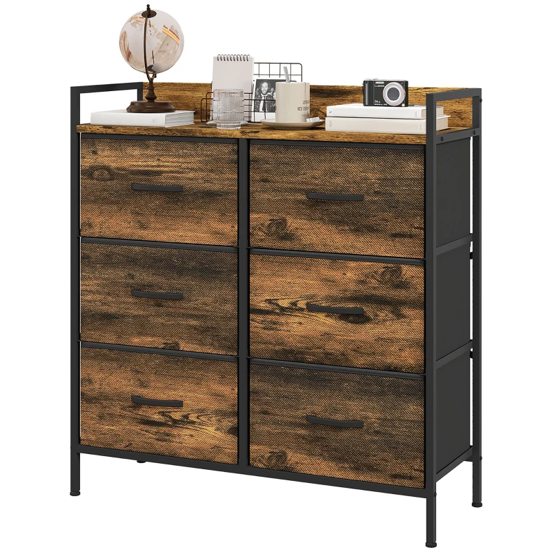 HOMCOM Commode, meuble de rangement pour chambre 6 tiroirs tissu non tissé cadre en acier, 79 x 29 x 85 cm, effet bois d'acajou