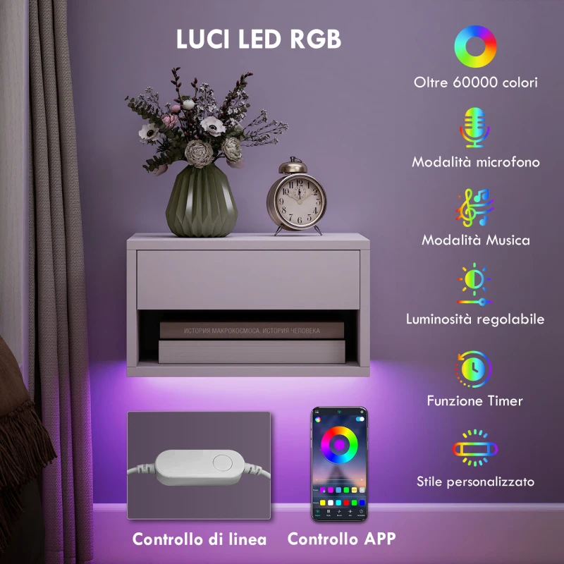 HOMCOM Set 2 Comodini Sospesi con LED RGB Integrati e Regolabili con APP, Cassetto e Ripiano, 37x32x21 cm, Bianco