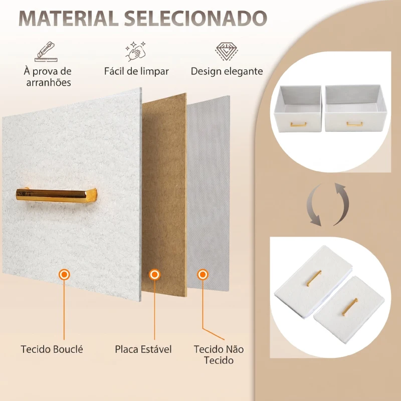 HOMCOM Cómoda com 8 Gavetas Estofada em Borreguito com Estação de Carga Porta USB Tipo-C e Estrutura de Aço 110x30x76 cmCreme