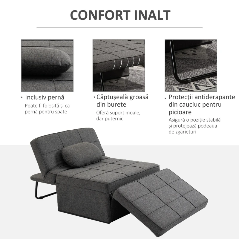 HOMCOM Fotoliu Pat 4 în 1 cu Spătar Reglabil și Pernă din Material Textil cu Aspect de In, 95x179x78 cm, Gri(m-7)