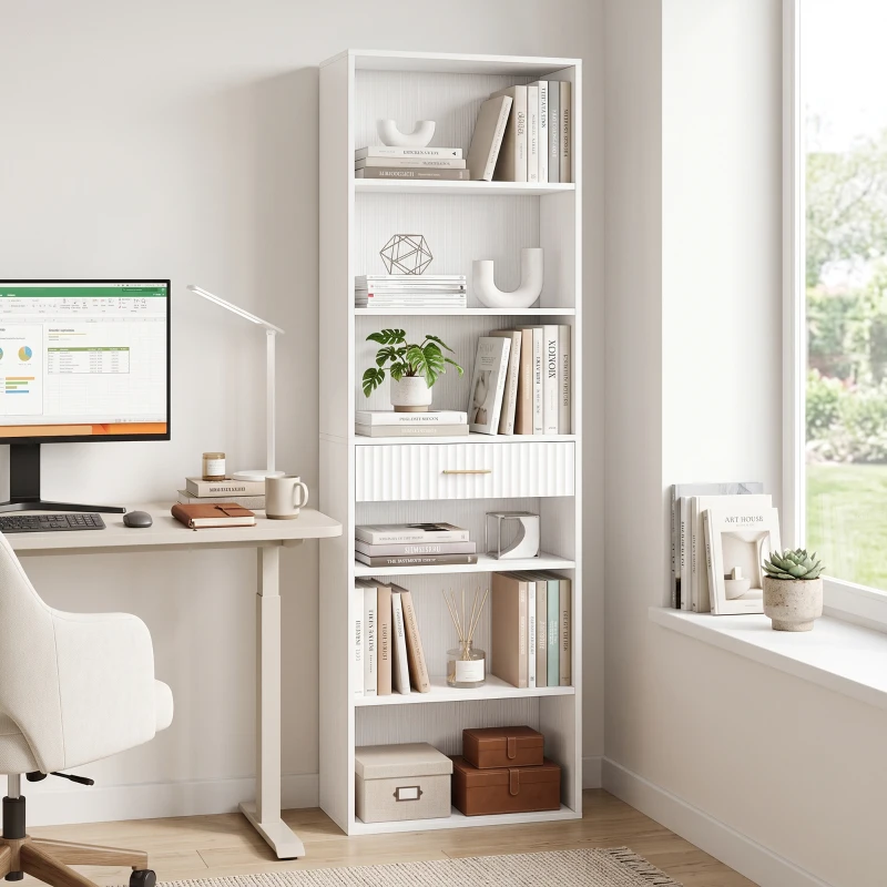 HOMCOM Bibliotecă verticală înaltă cu 7 polițe, 6 cuburi și sertar din lemn, 60x24x182 cm, Alb