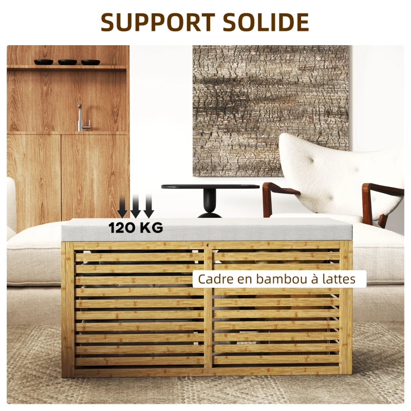 HOMCOM Banc de rangement, coffre de rangement rembourré en tissu aspect lin, couvercle et structure en bambou, gris et naturel