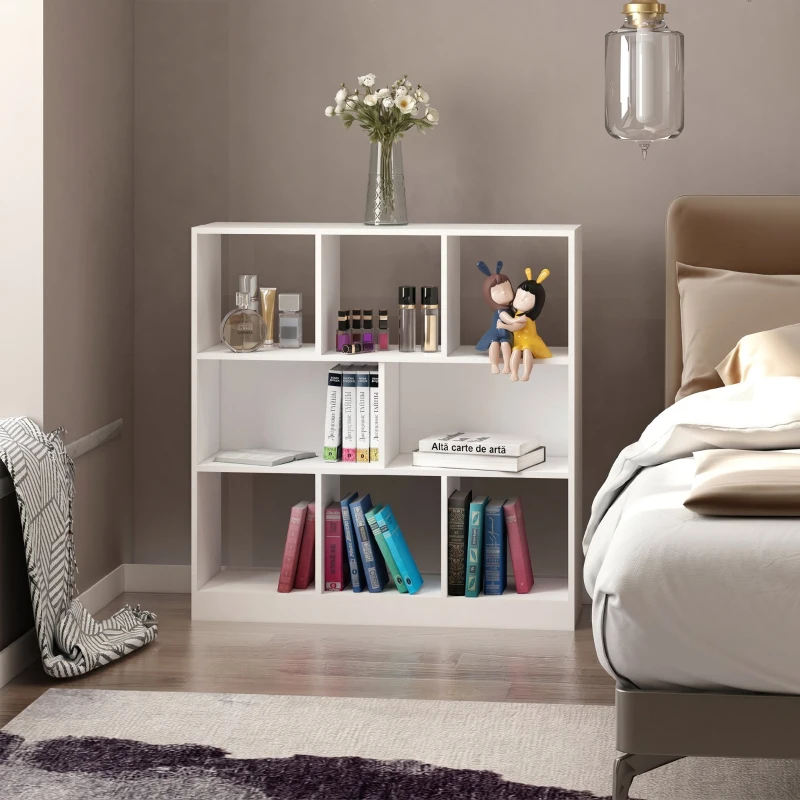 HOMCOM Dulap bibliotecă pentru depozitare cu 3 niveluri și 8 rafturi, din MDF, 97.5x30x100 cm, alb(m-7)