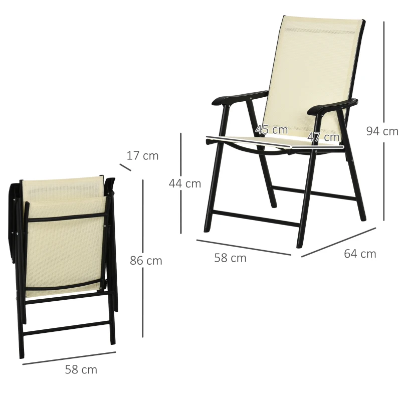 Outsunny Set of 2 Folding Garden Chairs - Metal Frame Outdoor Patio Park Dining Seats with Breathable Mesh Seat, Beige