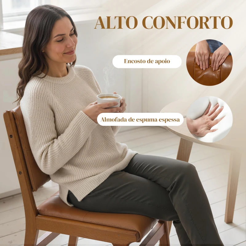 HOMCOM Conjunto de 2 Cadeiras de Jantar Estofadas em PU com Assento Acolchoado e Pés de Madeira para Sala de Estar Castanho