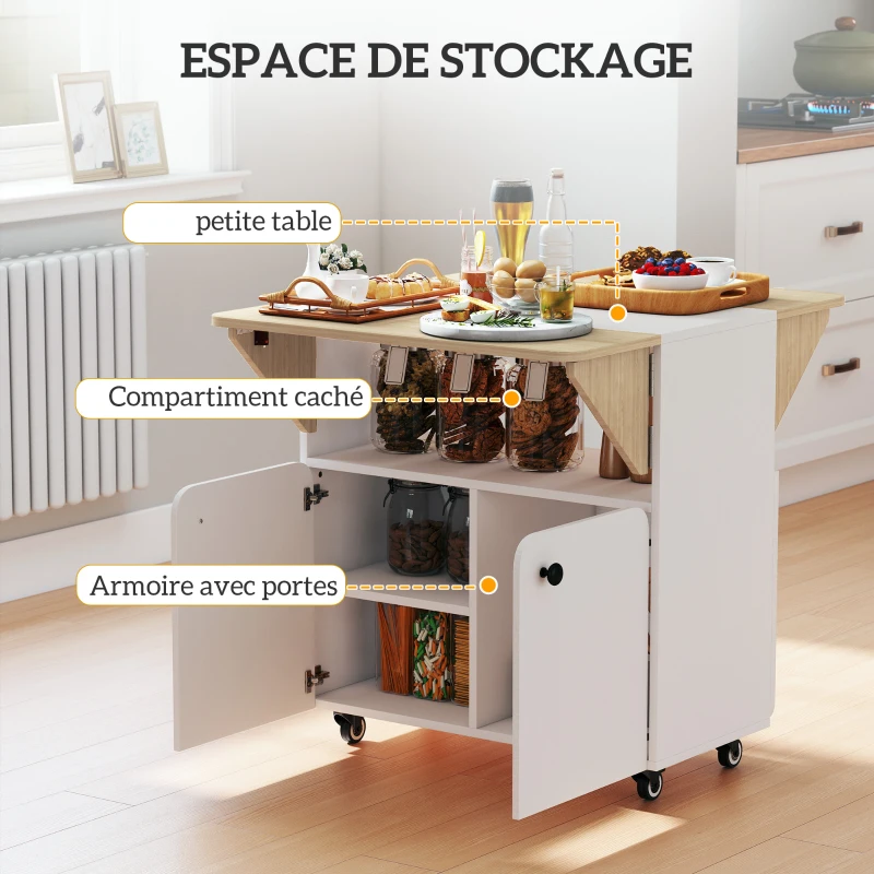 HOMCOM Table à manger pliante sur roulettes, table de cuisine 4 personnes, 2 abattants, étagère, placard, 70x83x75cm, blanc