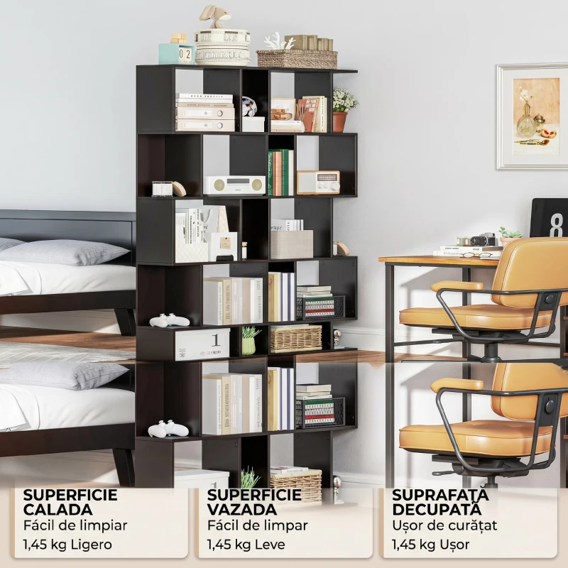 HOMCOM Bibliotecă mobilă modernă cu 5 rafturi din lemn, design modern, 60x24x184,5 cm, negru