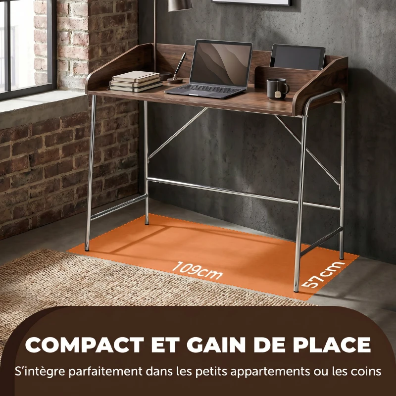 HOMCOM Bureau, bureau d'ordinateur 109 cm avec rebord de sécurité et structure en métal, noyer