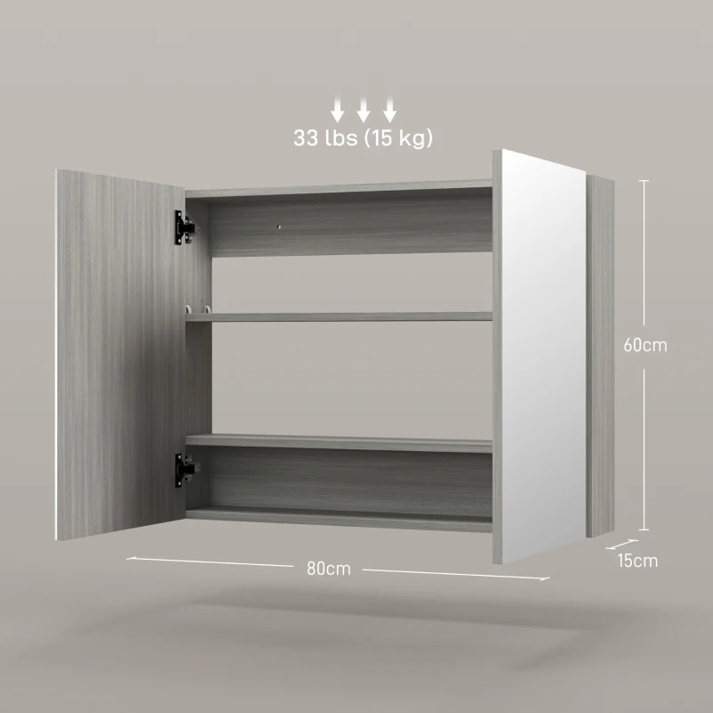 HOMCOM Armoire murale salle de bain avec miroir, meuble salle de bain, double portes et étagères réglables, 80x15x60cm, gris