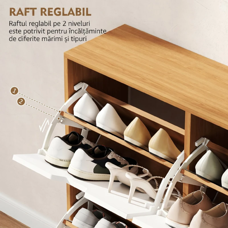 HOMCOM Dulap Pantofar Modern cu 4 Sertare Rabatabile si Raft Reglabil, Organizator de Depozitare pentru Dulap Pantofar de Hol pentru 16 Perechi de Pantofi, Natur