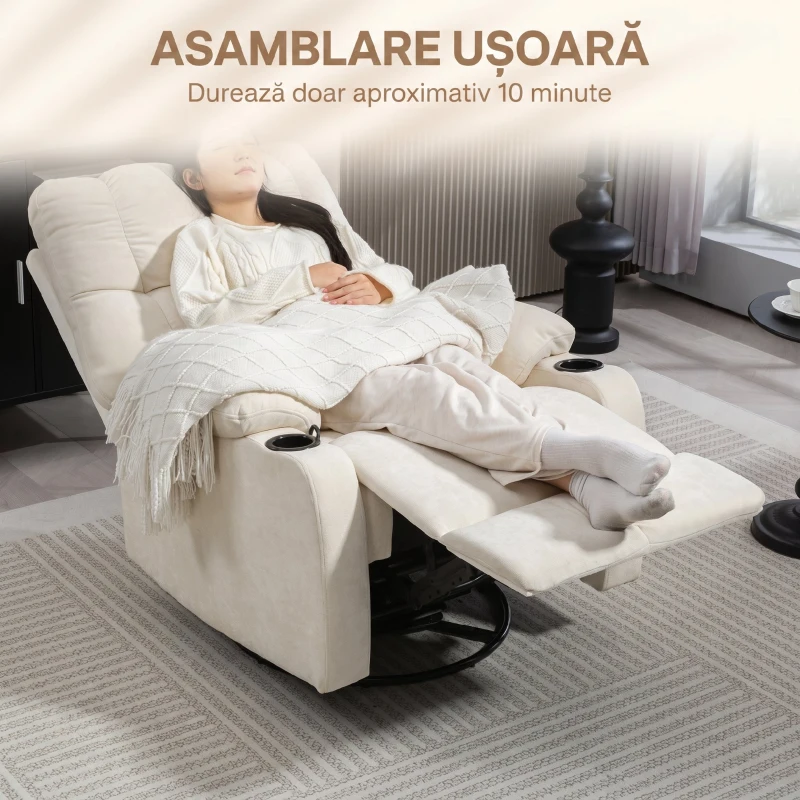 HOMCOM Fotoliu Reclinabil 135° cu Suport pentru Pahare și Suport pentru Picioare, din Țesătură cu Aspect de In, 88x96x108 cm, Bej