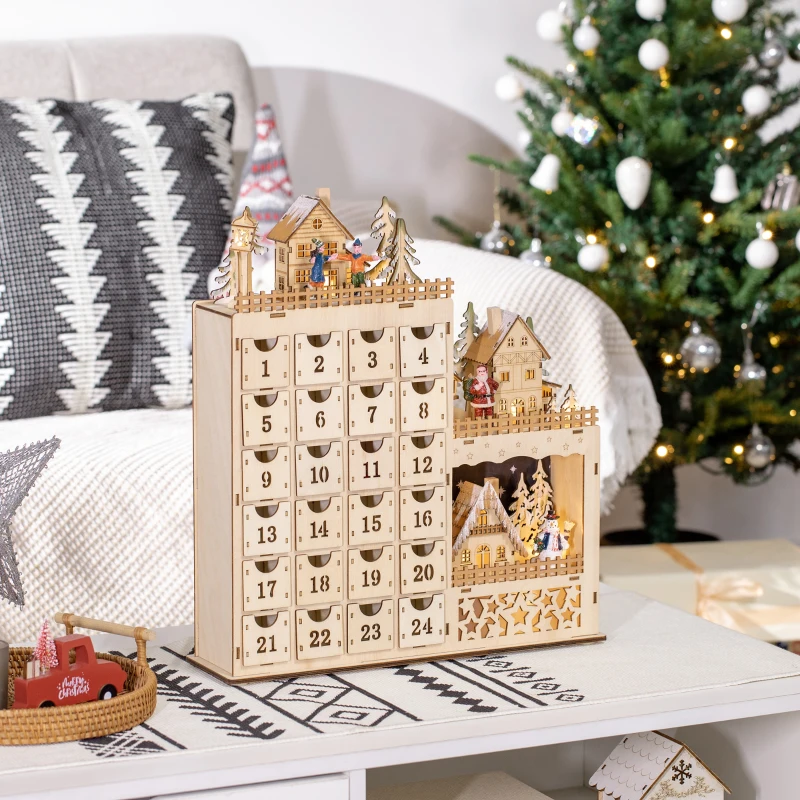 HOMCOM Calendario Avvento di Natale Rettangolare con Motivi a Tema e 12 Luci a LED, 22x9x30 cm, in Compensato, Arancione