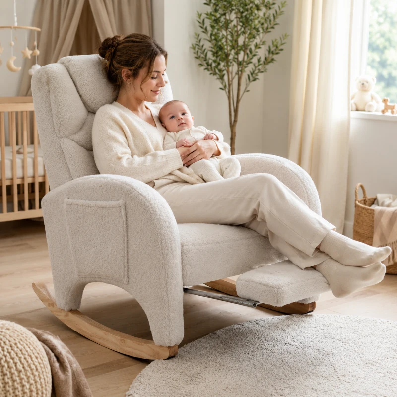Teddy Schommelstoel met Voetensteun Comfortabele Voedings en Relaxfauteuil met Hoge Rugleuning Wit