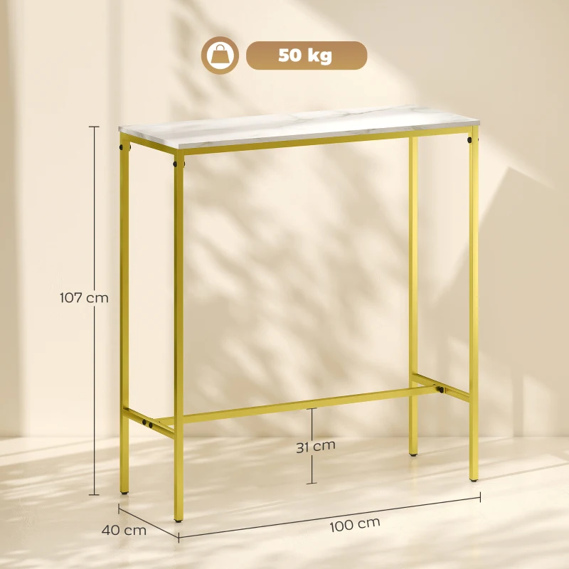 HOMCOM Table de bar rectangulaire avec plateau aspect effet marbre et cadre en acier, 100 x 40 x 107 cm, doré