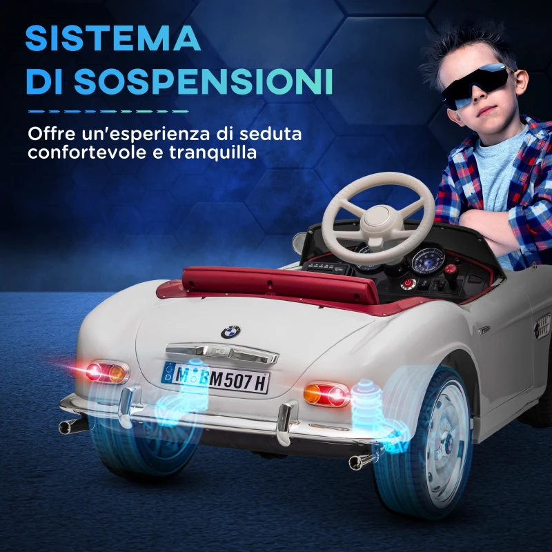 HOMCOM Macchina Elettrica per Bambini a 2 Porte con Licenza BMW 507, con Clacson e Telecomando, 115x55x47 cm, Bianca