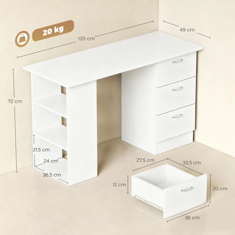 HOMCOM Computer Desk with Drawers, Home Office Desk, Writing Table, PC Workstation with 3 Storage Shelves for Working, Study, 120 x 49 x 72 cm, White