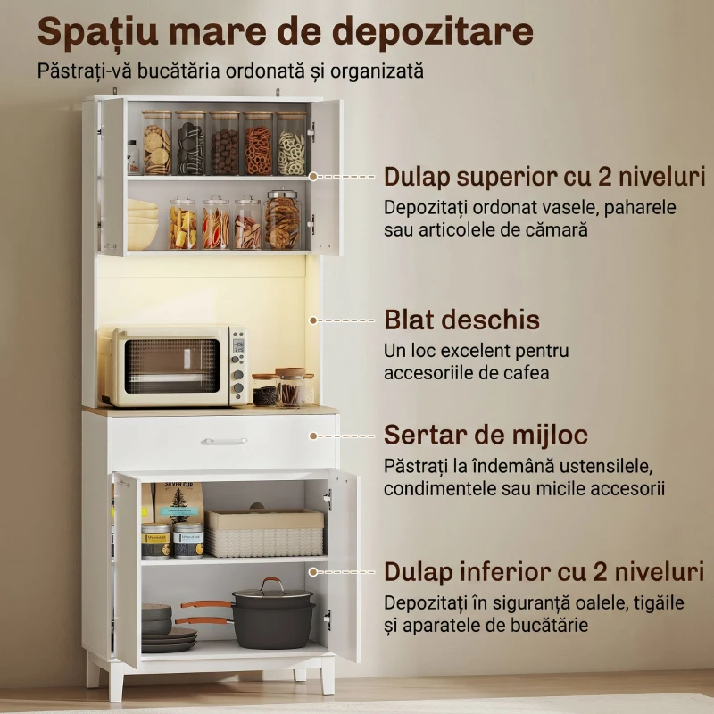 HOMCOM Comodă modernă cu lumini LED, prize electrice și USB, 2 dulapuri și sertar, 71x40x180 cm, alb