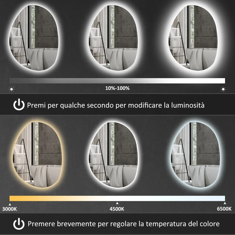 HOMCOM Specchio da Bagno Illuminato a LED con Colore e Temperatura Regolabile, in Vetro Temperato, 80x5x60 cm, Argento
