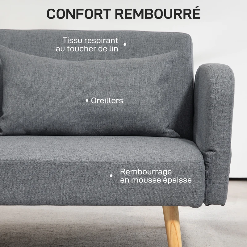 HOMCOM Canapé convertible 3 places design clic clac dossier inclinable et accoudoirs réglables tissu effet lin gris