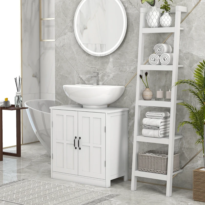 kleankin Mobile per Lavabo con Piedistallo, Mobile Sotto Lavabo con 2 Ante e Scaffale Regolabile, Mobile da Bagno con Ritaglio a Forma di U, Bianco